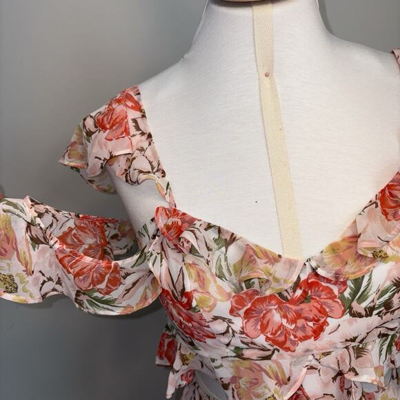 WAYF Floral Chiffon Ruffle Cutout Maxi Dress Romatic Tiered Pink Fairy Whimsy Sm - Picture 4 of 16